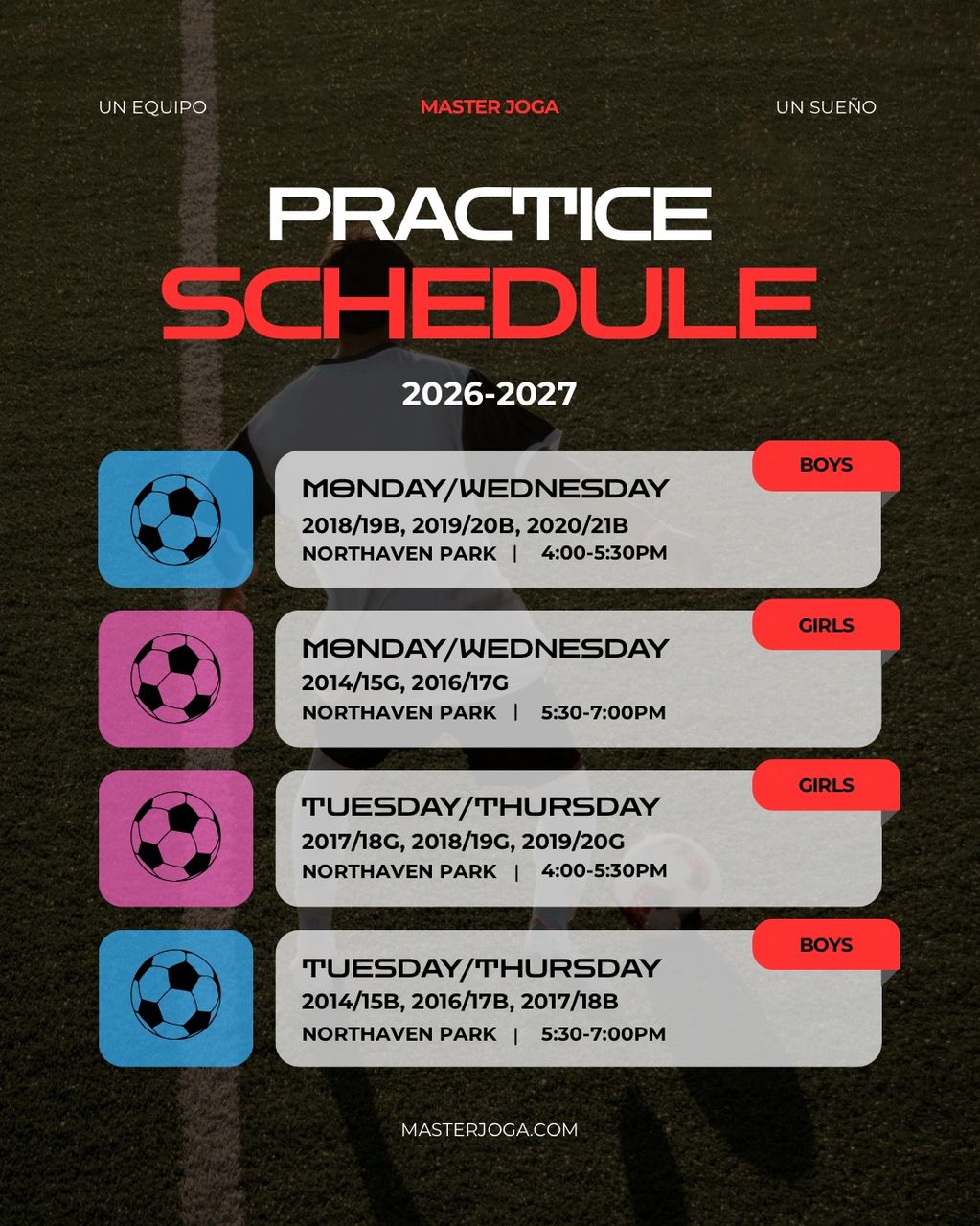 Soccer practice schedule for boys and girls, 2026-2027 season at Northaven Park.