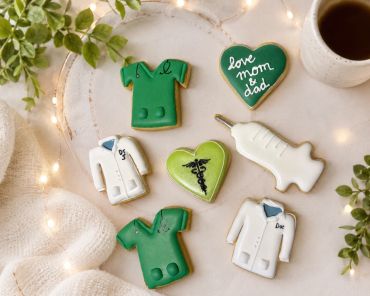 Decorated cookies shaped like medical uniforms and hearts.