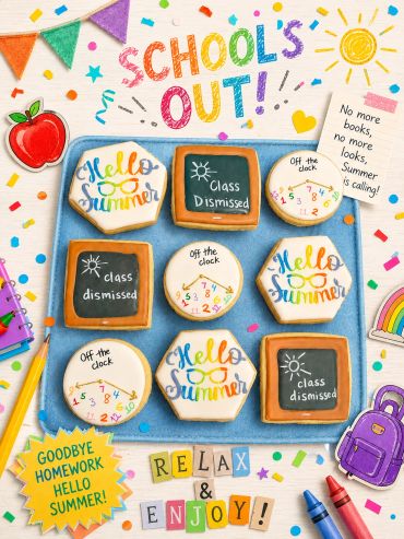 Colorful school's out cookies celebrating summer break.