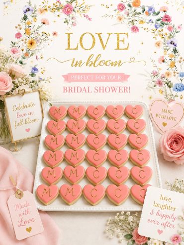 Bridal shower setup with heart-shaped cookies and floral decorations.