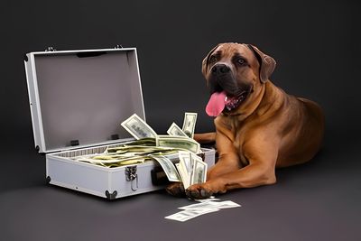 Dog lying next to open briefcase overflowing with cash, against a dark background.
