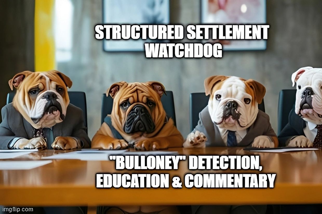 Bulldogs in suits at a boardroom table with text about structured settlement watchdog duties.