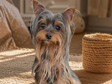 A small Yorkshire Terrier sitting on a woven rug indoors.