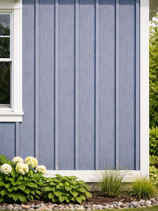 Blue-Grey Vertical Siding with white corner and window trim
