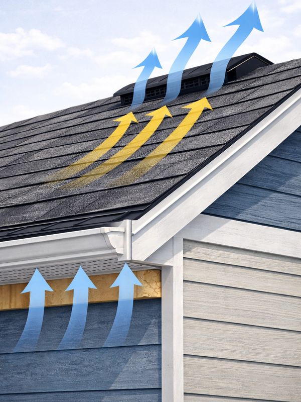 Roof Airflow diagram showing how air is ingested at the soffit and expelled out of the roof vents.
