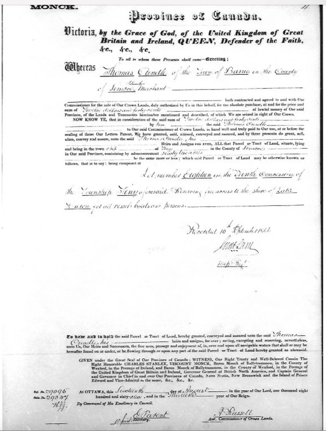 Historical land grant document from the Province of Canada, 1861.