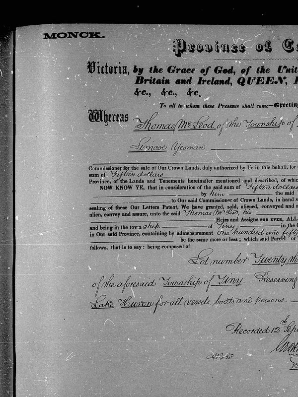 Historic land deed for Thomas McLeod in Prince Edward Island.