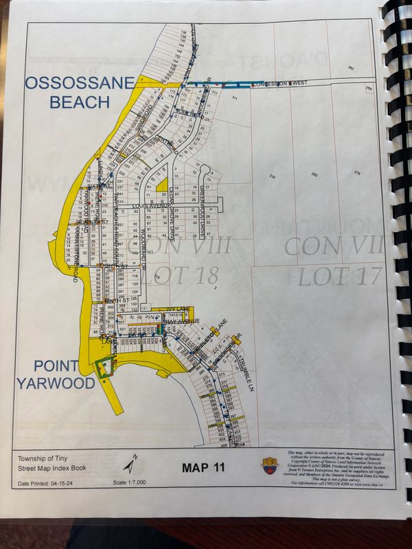 Map of Ossossane Beach and Point Yarwood with highlighted areas and street names.