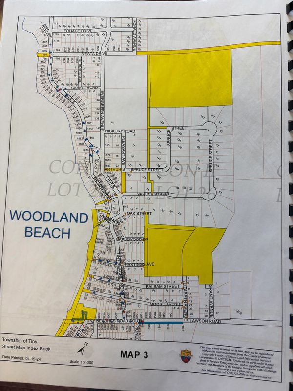 Map of Woodland Beach highlighting streets and yellow-marked areas.