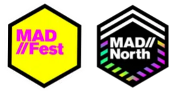 Two colorful hexagonal logos for MAD Fest and MAD North events.
