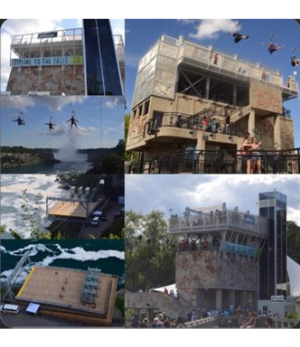 Collage of images showing a waterfall, ziplining, and a multi-story observation platform.