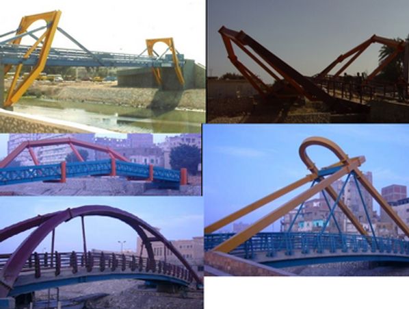Collage of five different pedestrian bridge designs, including steel and arched structures.