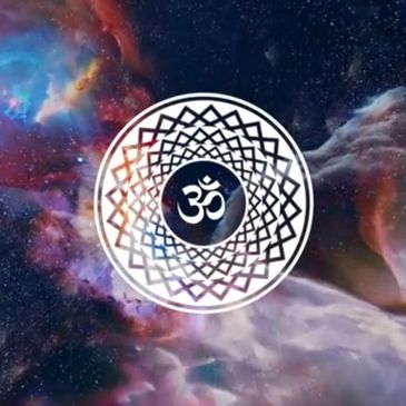 Om symbol with intricate geometric patterns against a cosmic background.