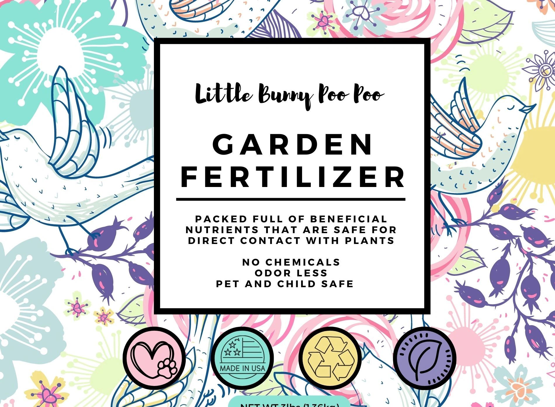 Garden fertilizer label with floral and bird design.