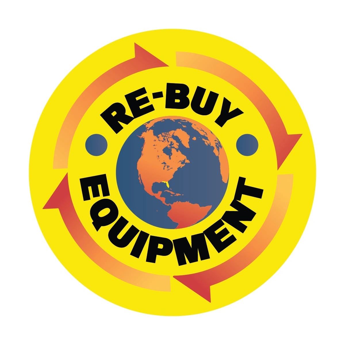 Yellow circular logo with earth and arrows, text 'RE-BUY EQUIPMENT'.