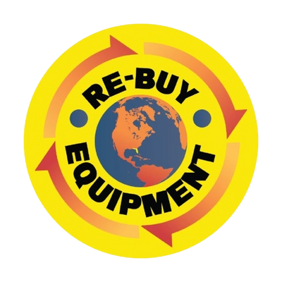 Circular logo promoting re-buying equipment with a globe and arrows.