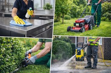 Collage of various cleaning and gardening tasks including wiping, mowing, trimming, and pressure washing.