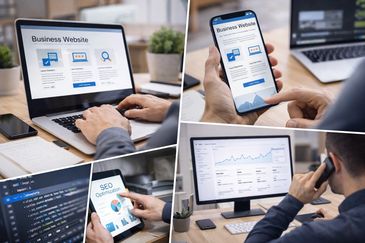 Collage of digital marketing and business website management on various devices.