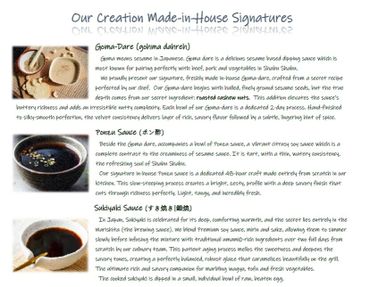 Menu featuring unique sesame-based signature sauces with detailed descriptions.