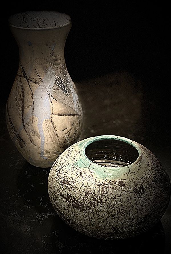 Kathy's original Raku pottery, God's gift of the art of making clay to this piece.  Copyright.