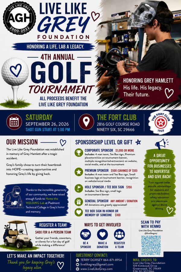 4th Annual Live Like Grey Foundation Golf Tournament fundraiser flyer.