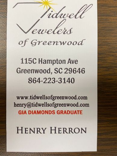 Business card for Tidwell Jewelers of Greenwood, SC.