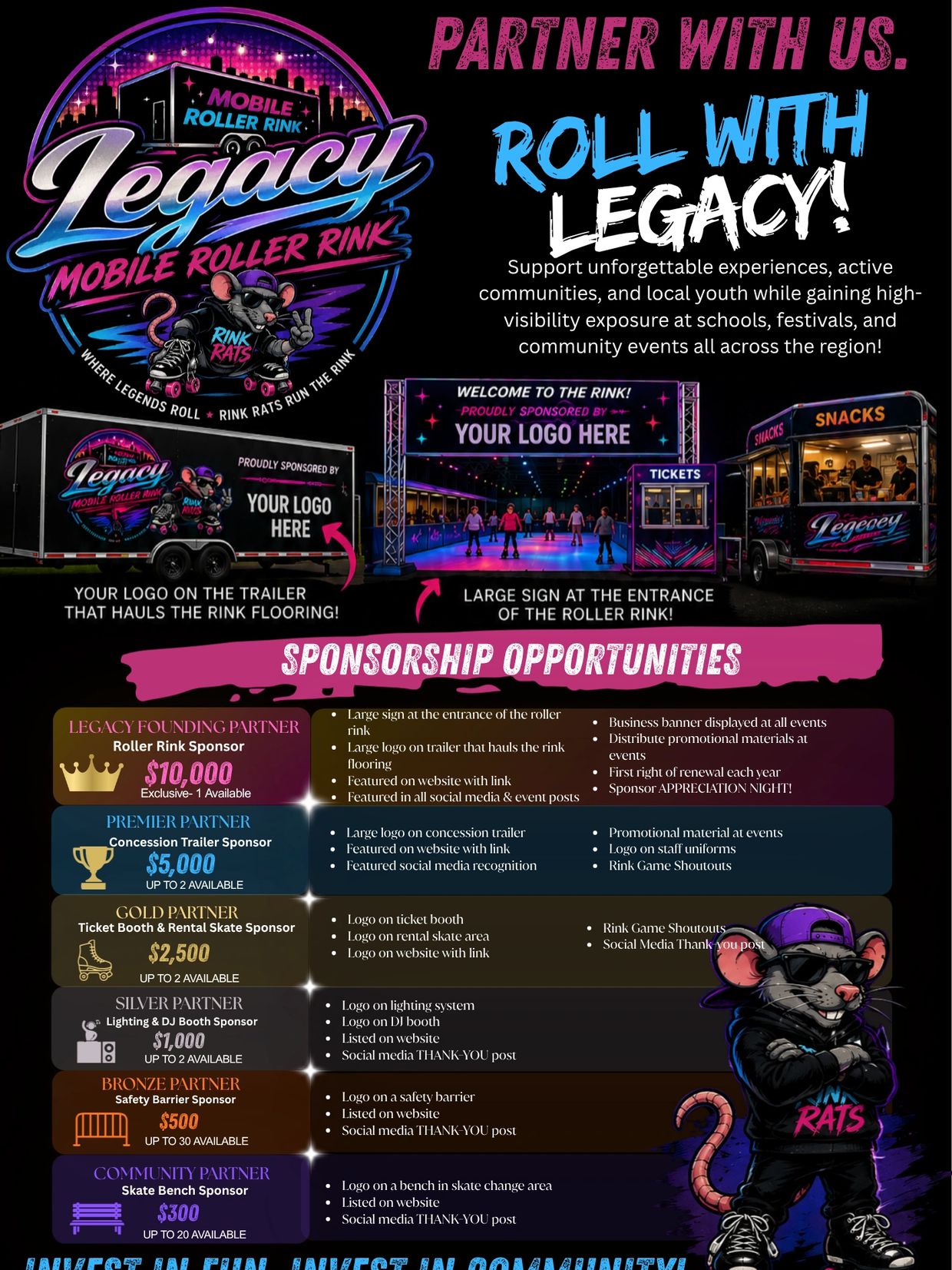 Legacy Mobile Roller Rink sponsorship opportunities poster with partnership details.