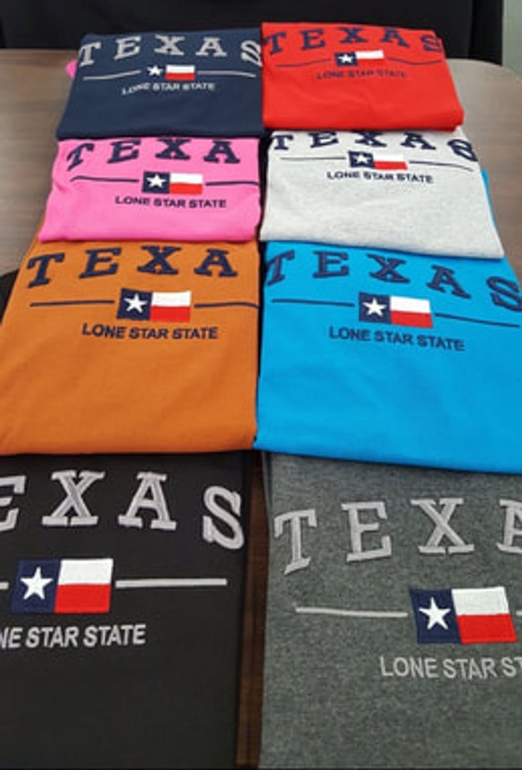 Texas Shirts - Embroidery
Available in S M LG X LG. XXLG.
Available in 8 colors shown.