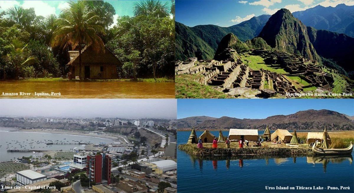 Four scenic views of Peru: Amazon River, Machu Picchu, Lima city, and Uros Island on Lake Titicaca.