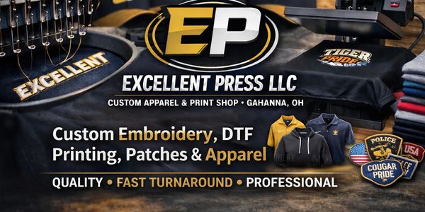 Custom embroidery, printing, and apparel services by Excellent Press LLC in Gahanna, OH.