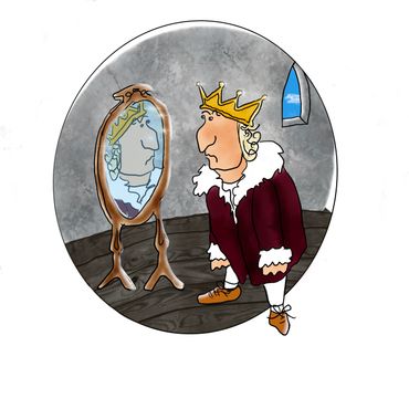 A king looks sadly at his reflection in a mirror.