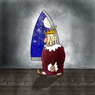 A crowned figure gazes out a starry night window, deep in thought.