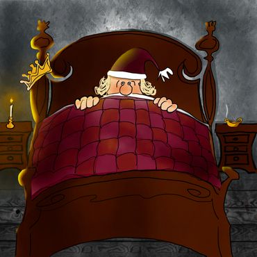 Cartoon king hides under a red blanket in bed, wearing a nightcap.