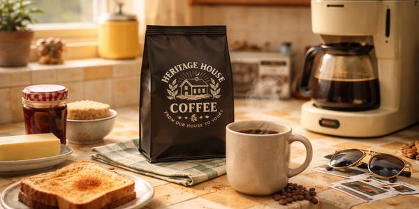 A cozy kitchen scene with coffee, toast, and a coffee maker.