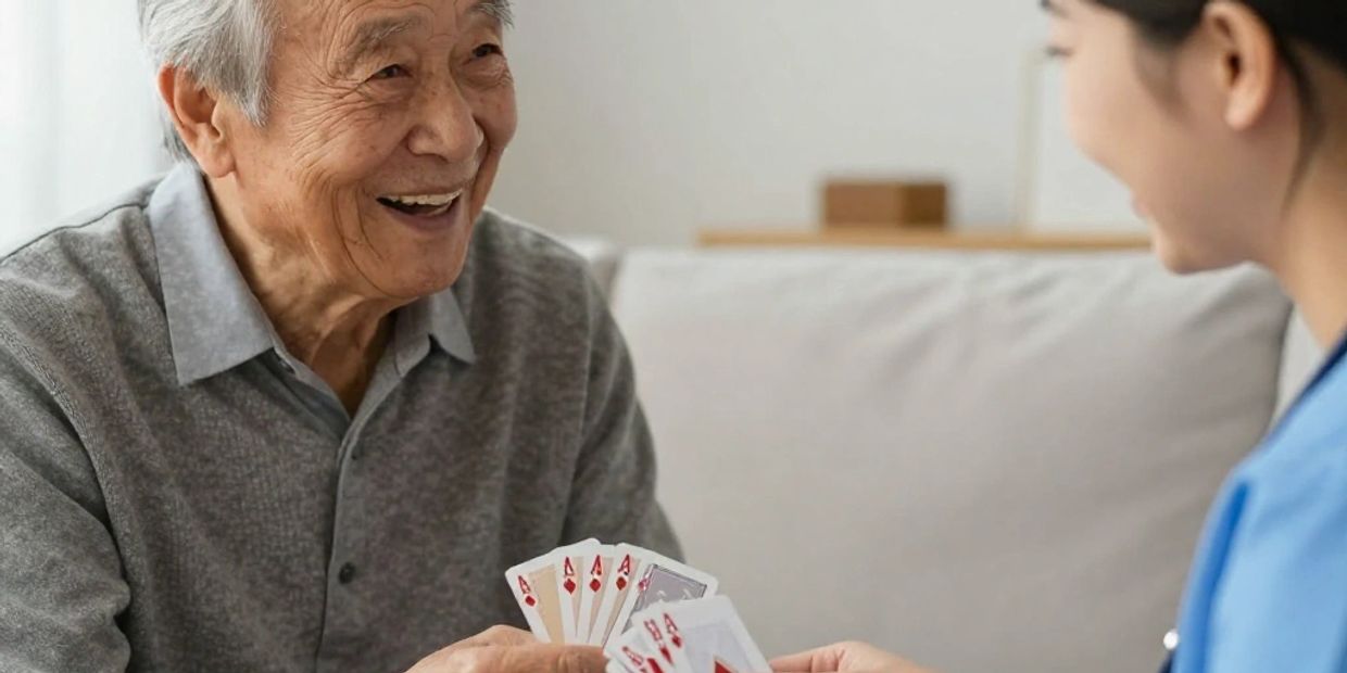 Elderly man happily playing cards with a healthcare worker.