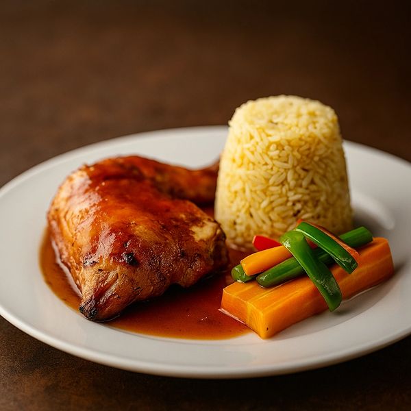 Grilled chicken leg with sauce, rice, and steamed vegetables on a white plate.
