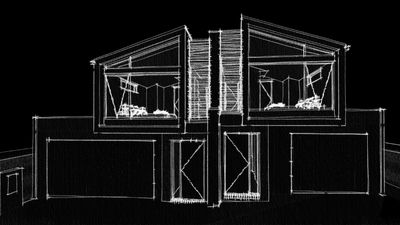 Architectural sketch of a modern two-story house.