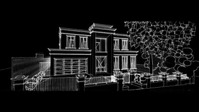 3D wireframe of a two-story house with trees and landscaping.