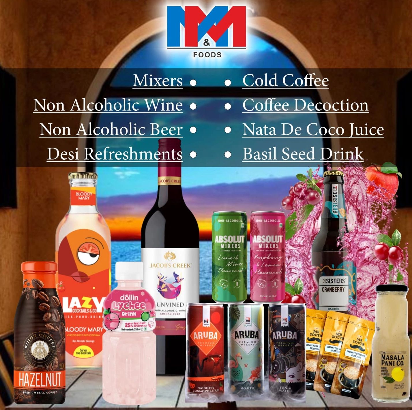 Beverages like cold coffee, cocktail mixers, nata de coco juice, non alcoholic wine and beer