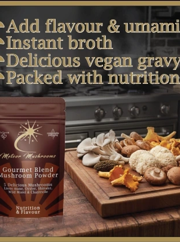 Gourmet blend mushroom powder package with fresh mushrooms on cutting board.