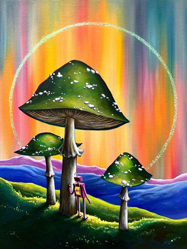 Surreal scene with giant mushrooms and a small robot under a glowing circle.