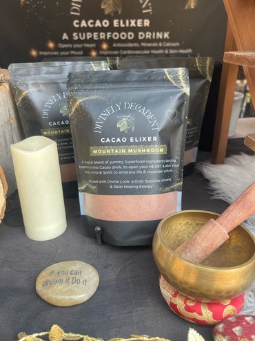 Divinely Decadent Cacao Elixer with Mountain Mushroom on display.