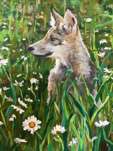 Painting of a fox in a field of daisies.