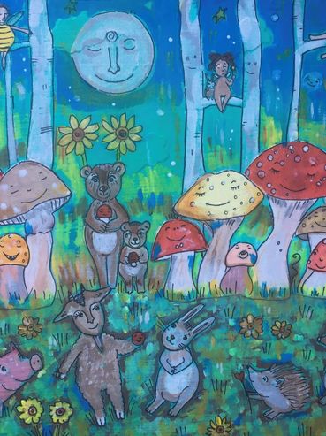 Whimsical forest scene with animals and mushrooms under a smiling moon.