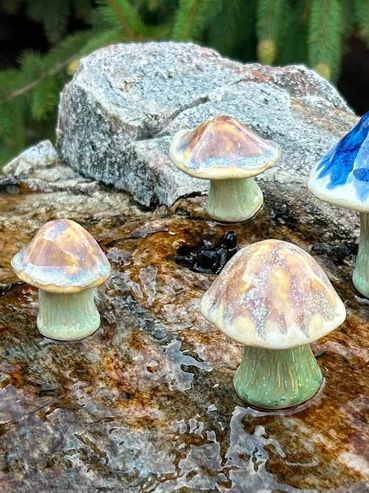 Ceramic mushrooms placed on a wet rock.