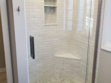 custom bathroom, custom shower bench, large glass swing door