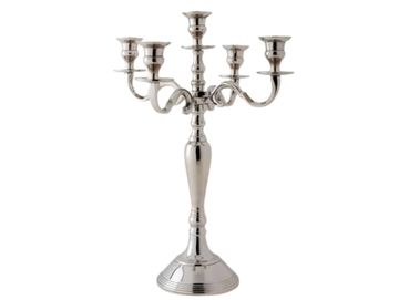 Silver 5-arm candelabra: classic wedding centerpiece hire, brand event decor, Scotland styling.