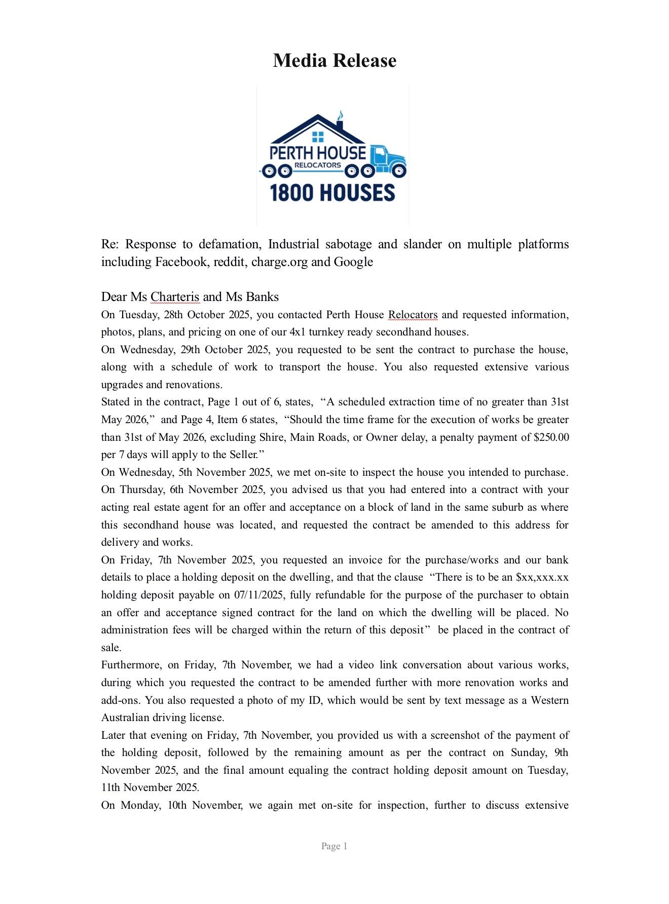 Media release from Perth House Relocators addressing defamation and contract issues.
