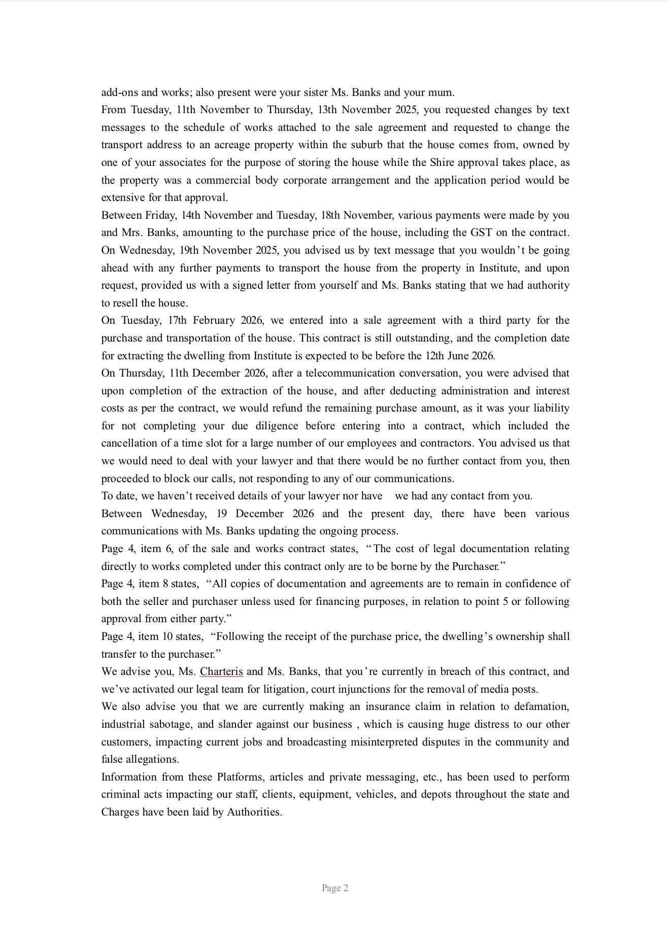 Document detailing a legal dispute over a house sale and contract breaches involving payments, communications, and legal actions.