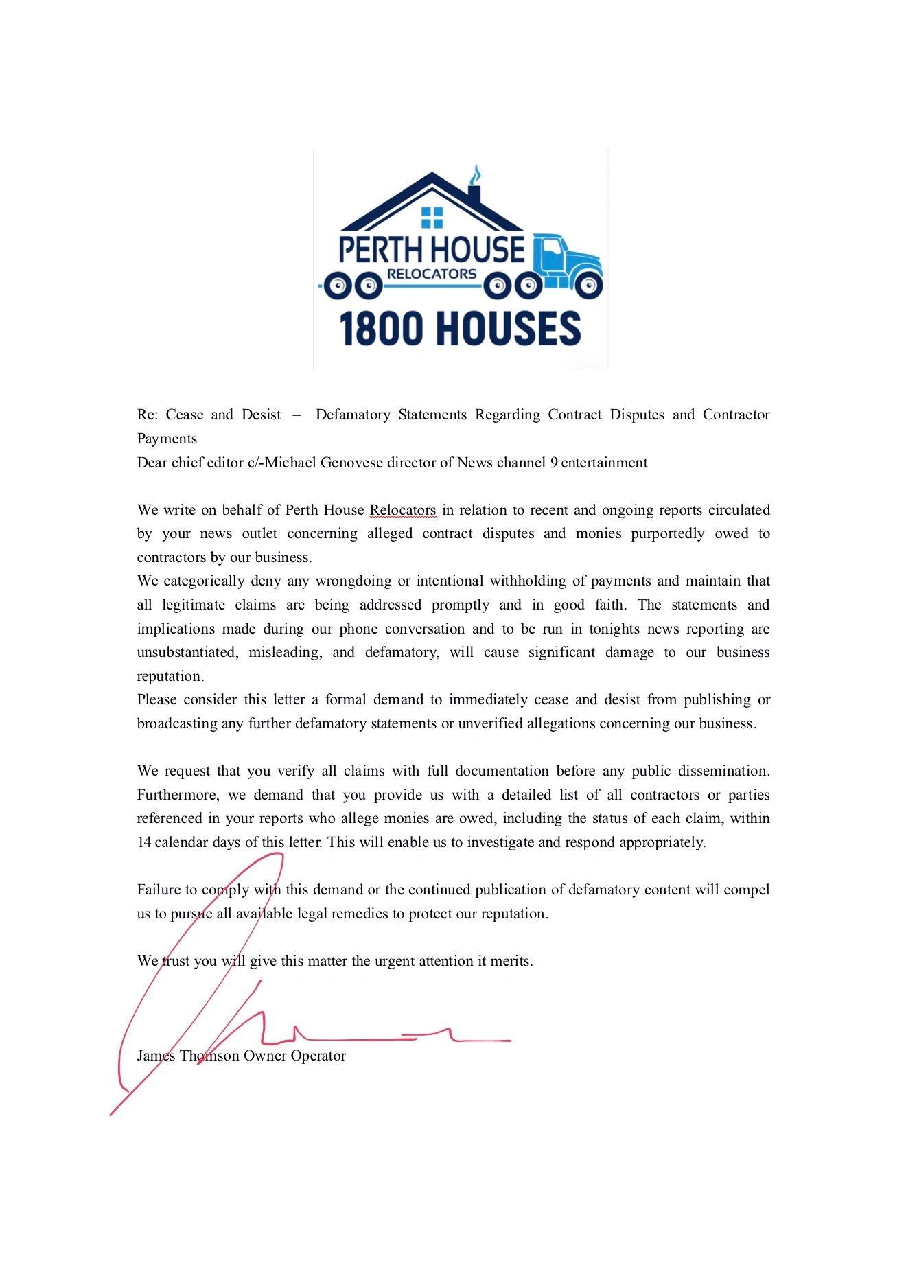 Letter from Perth House Relocators denying wrongdoing amid contract dispute claims.